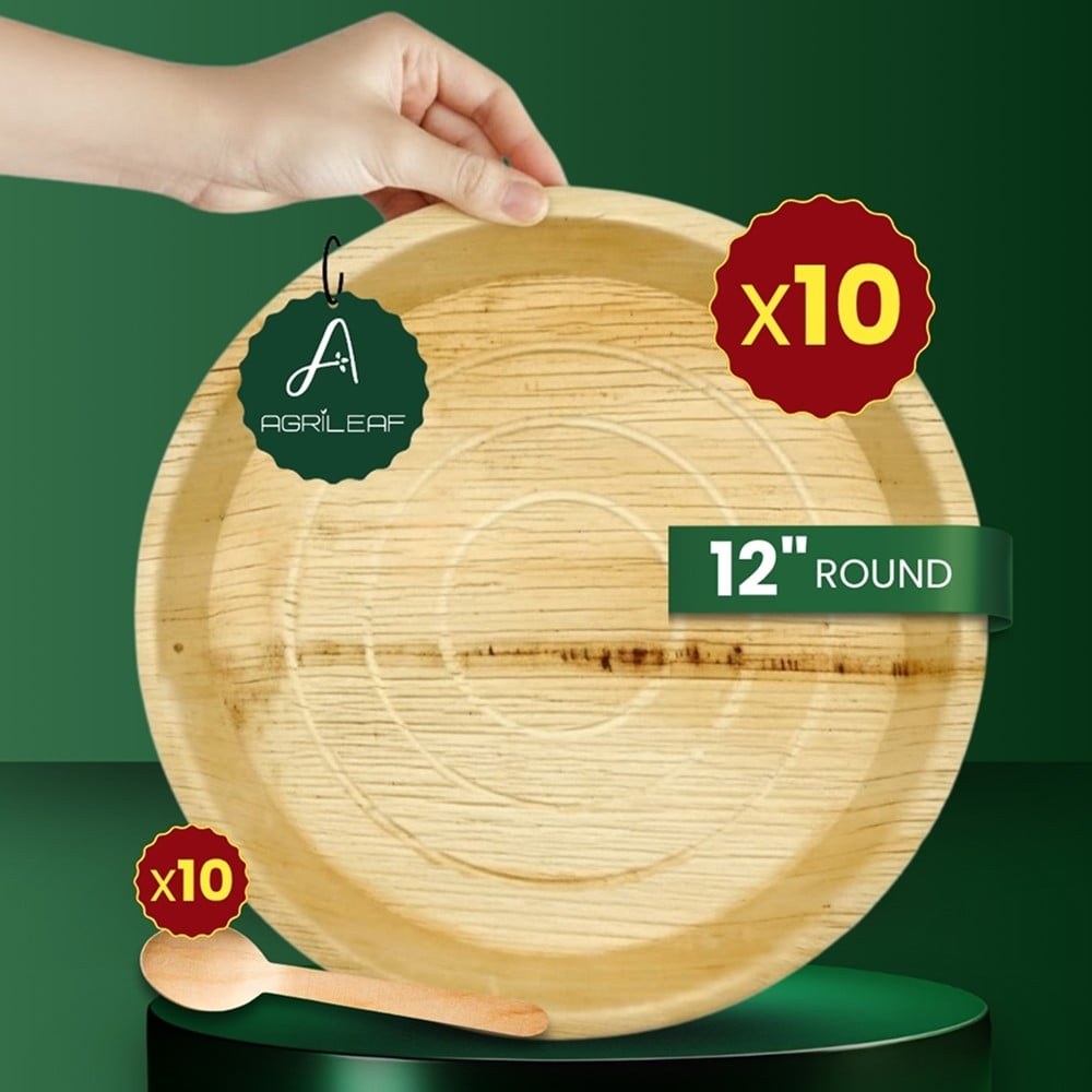 AGRILEAF Round Palm Leaf 12 inches Disposable Plates with Spoons available from Fresh World HSR Layout