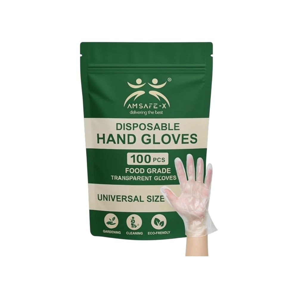 Am Safe-X Disposable Hand Gloves (Plastic, Transparent) available from Fresh World HSR Layout