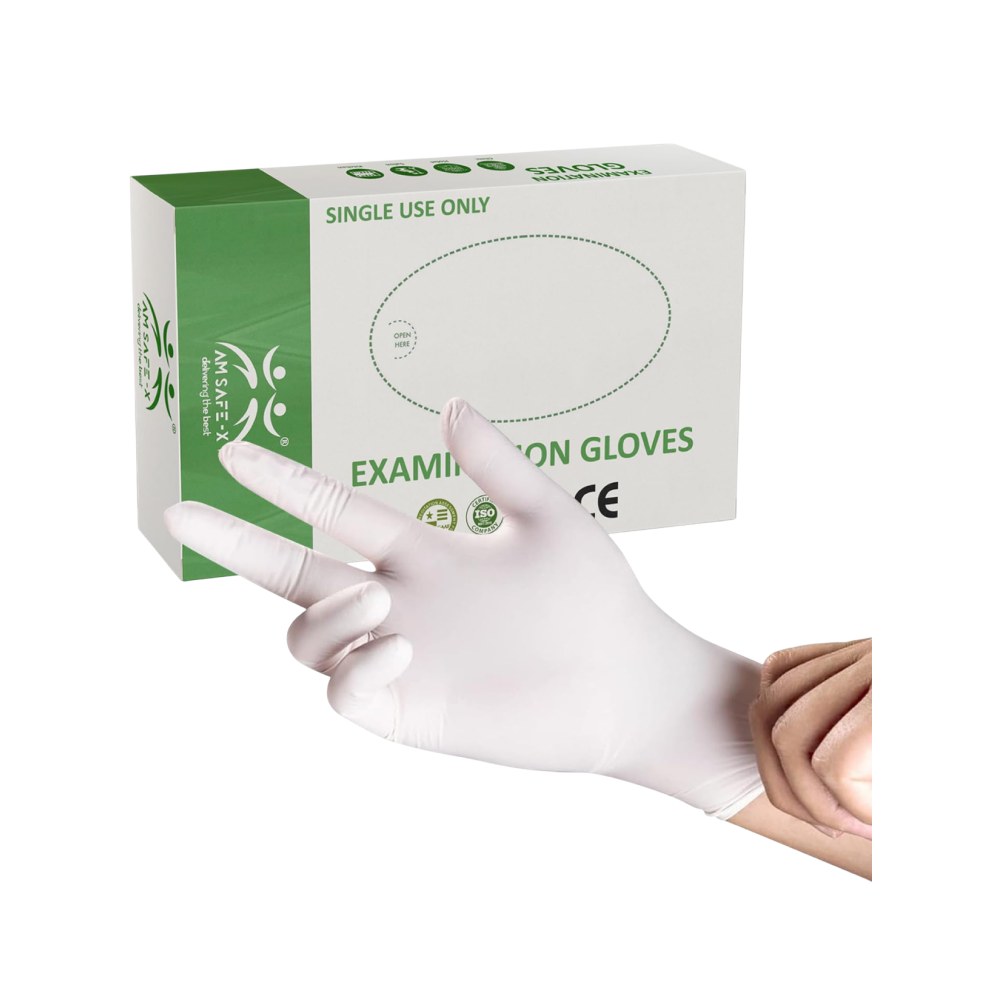 Am Safe-X Medium Disposable Gloves (Latex, White) available from Fresh World HSR Layout