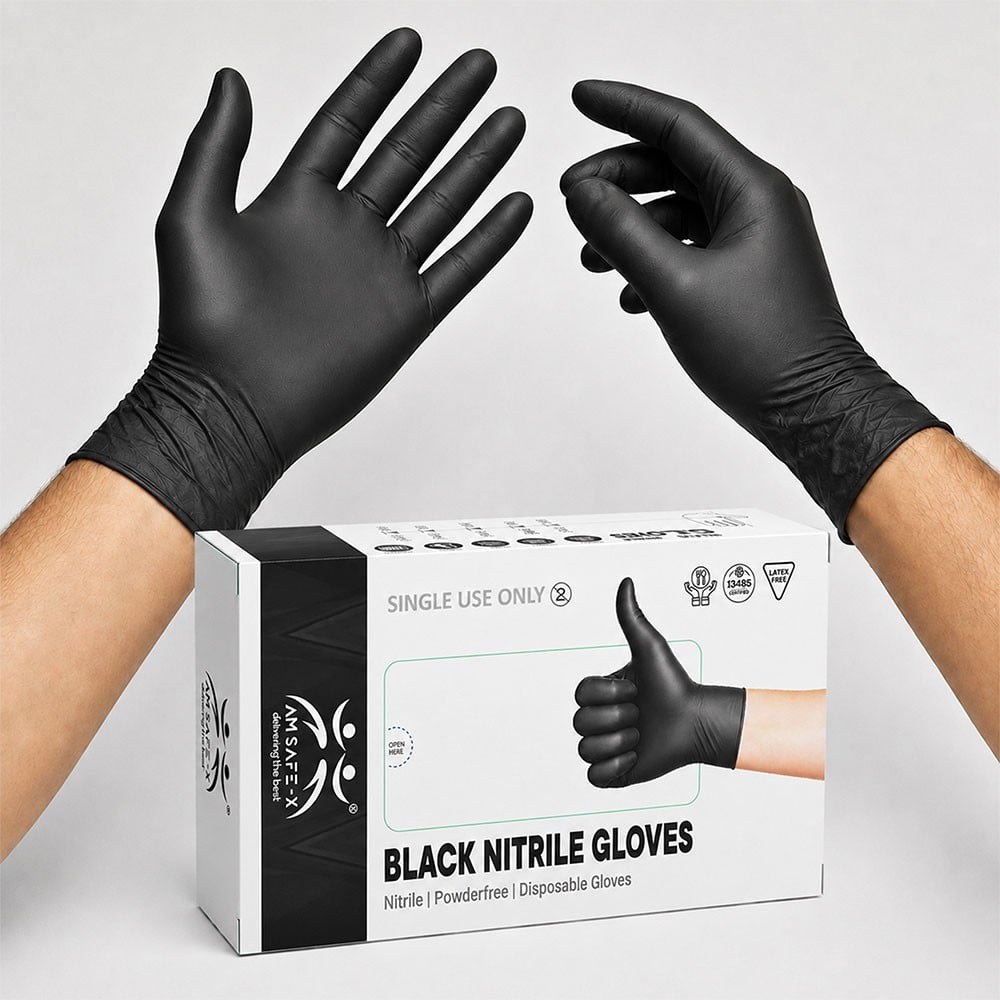 Am Safe-X Medium Disposable Gloves (Nitrile, Black) available from Fresh World HSR Layout