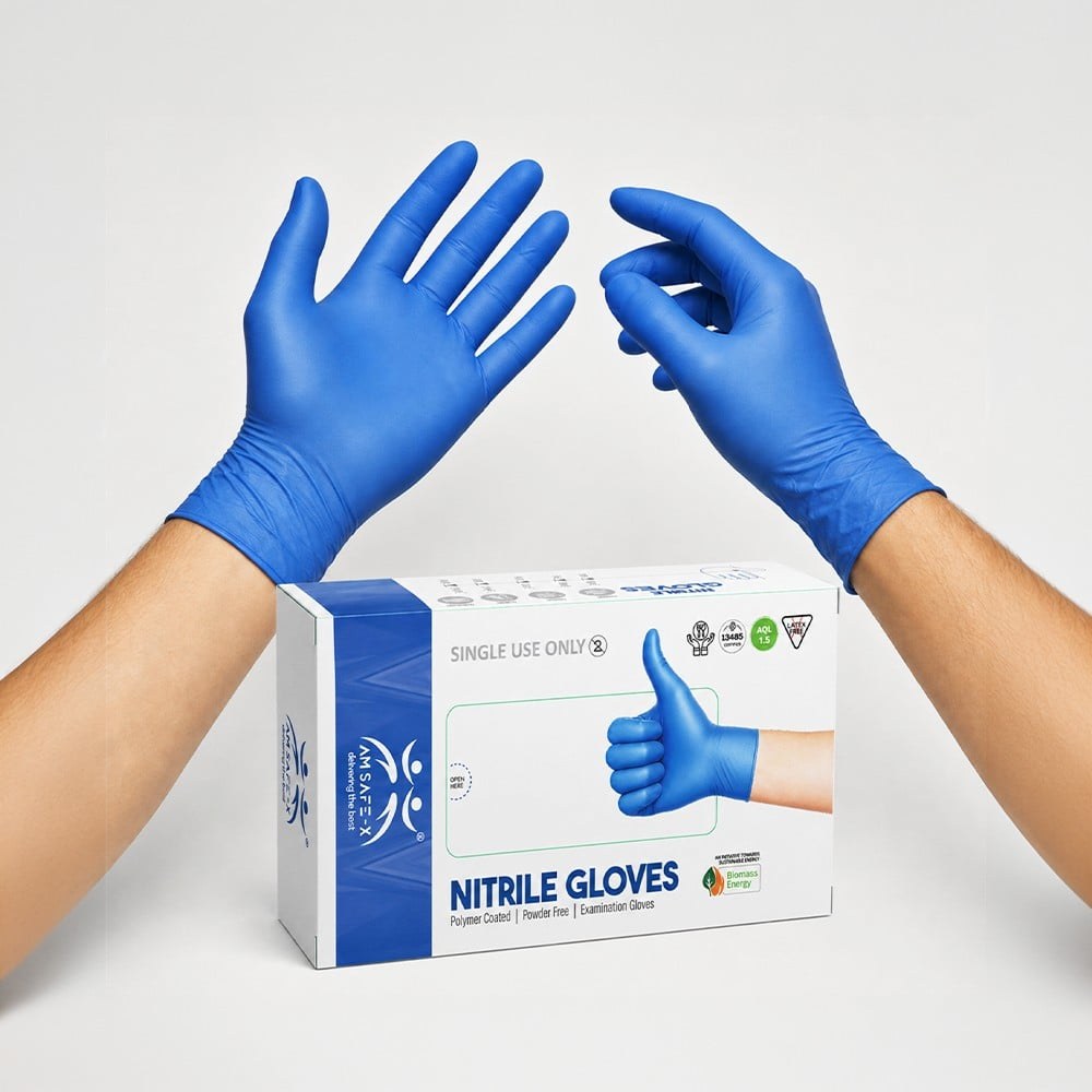 Am Safe-X Nitrile Disposable Gloves (Rubber, Light Blue) available from Fresh World HSR Layout