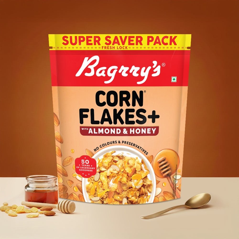 Bagrry's Corn Flakes Plus With Almonds & Honey (2x Fibre Power) available from MK Retail RT Nagar