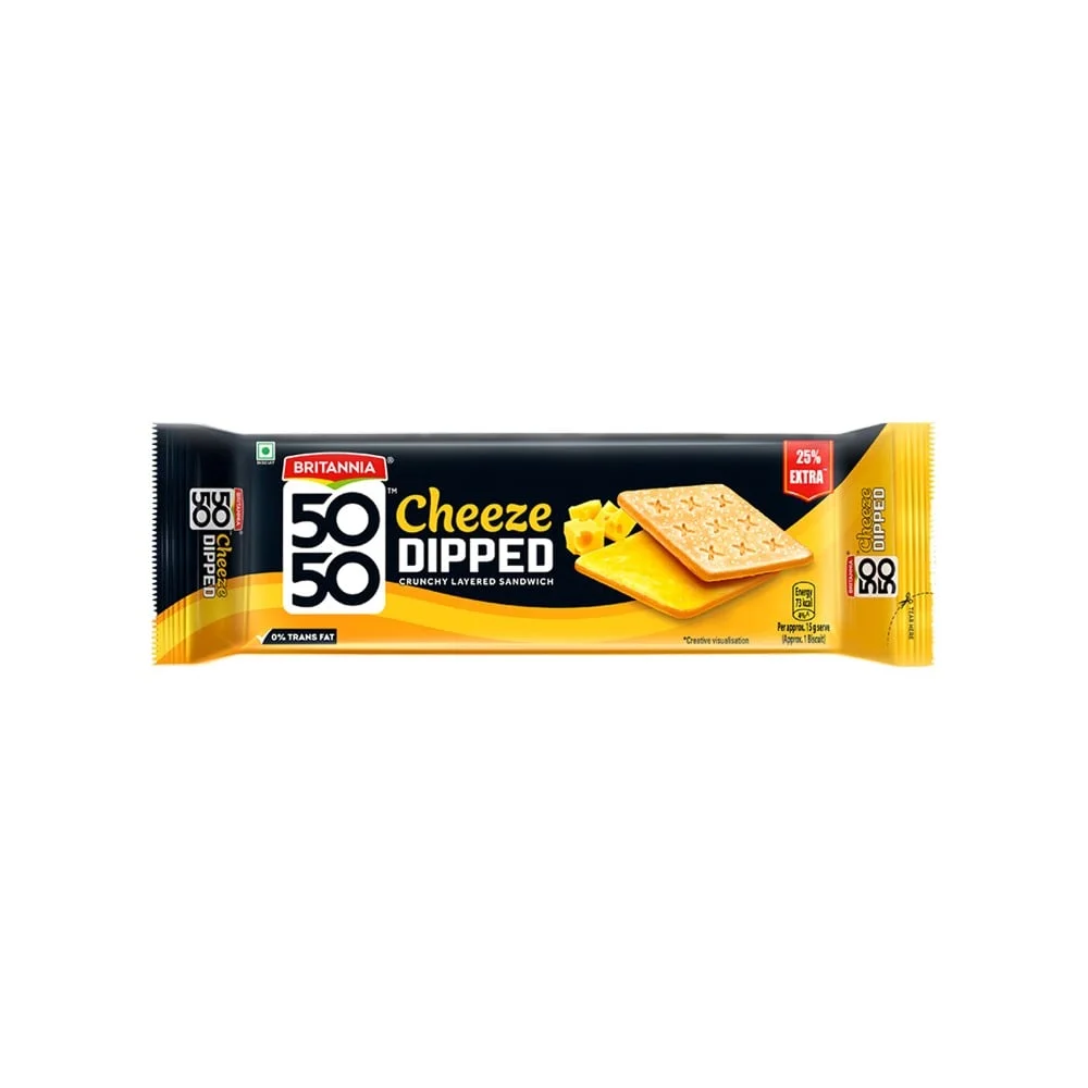 Britannia 5050 Cheeze Dipped Biscuit available from Fresh World HSR Layout